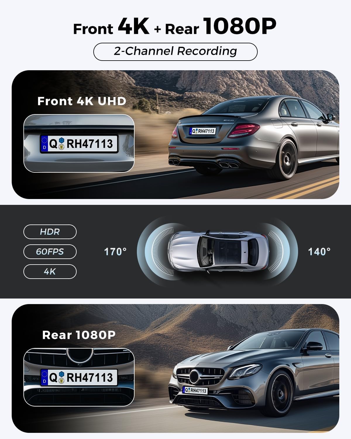 Dash Cam Front and Rear: 4K+1080P FHD Dual Dash Camera for Cars with Night Vision, 2 Channel HDR Dash Camera, 24H Parking Mode Car Camera, Built-in GPS, WiFi 6, Free 64GB Card
