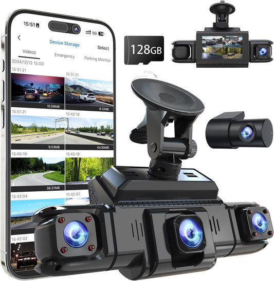 360 뷰 4 채널 대시 캠 전면 및 후면 왼쪽 오른쪽 내부 카메라, 자동차, GPS 및 5G 밴드 WiFi, 야간 시야, 160도 광각, WDR, 24H 주차 모드, 슈퍼 커패시터, 128GB 카드 포함