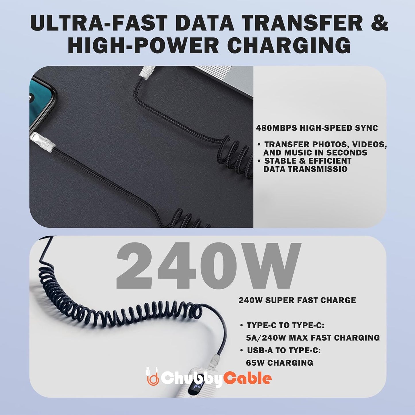 chubbycable Curly Chubby - Retractable Fast Charging Cable 240W Coiled Charger Cord for Car Durable USB-C Cable for Phones, Tablets and More, Black, Type-C to Type-C, 1.3FT-2.3FT