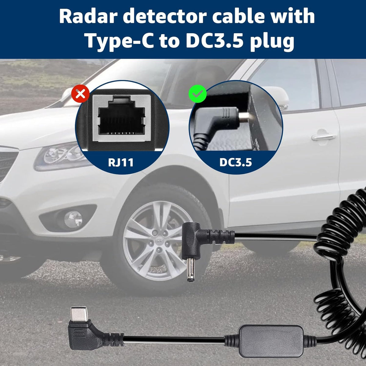 USB-C to DC3.5 Plug Radar Detector Power Cable,Type C 5V-12V Power Cord Compatible with Cobra RAD 480i, 350, 380, Uniden DFR1, DFR3, DFR5, Whistler, & Radenso Radar Detectors (8.2FT Length)