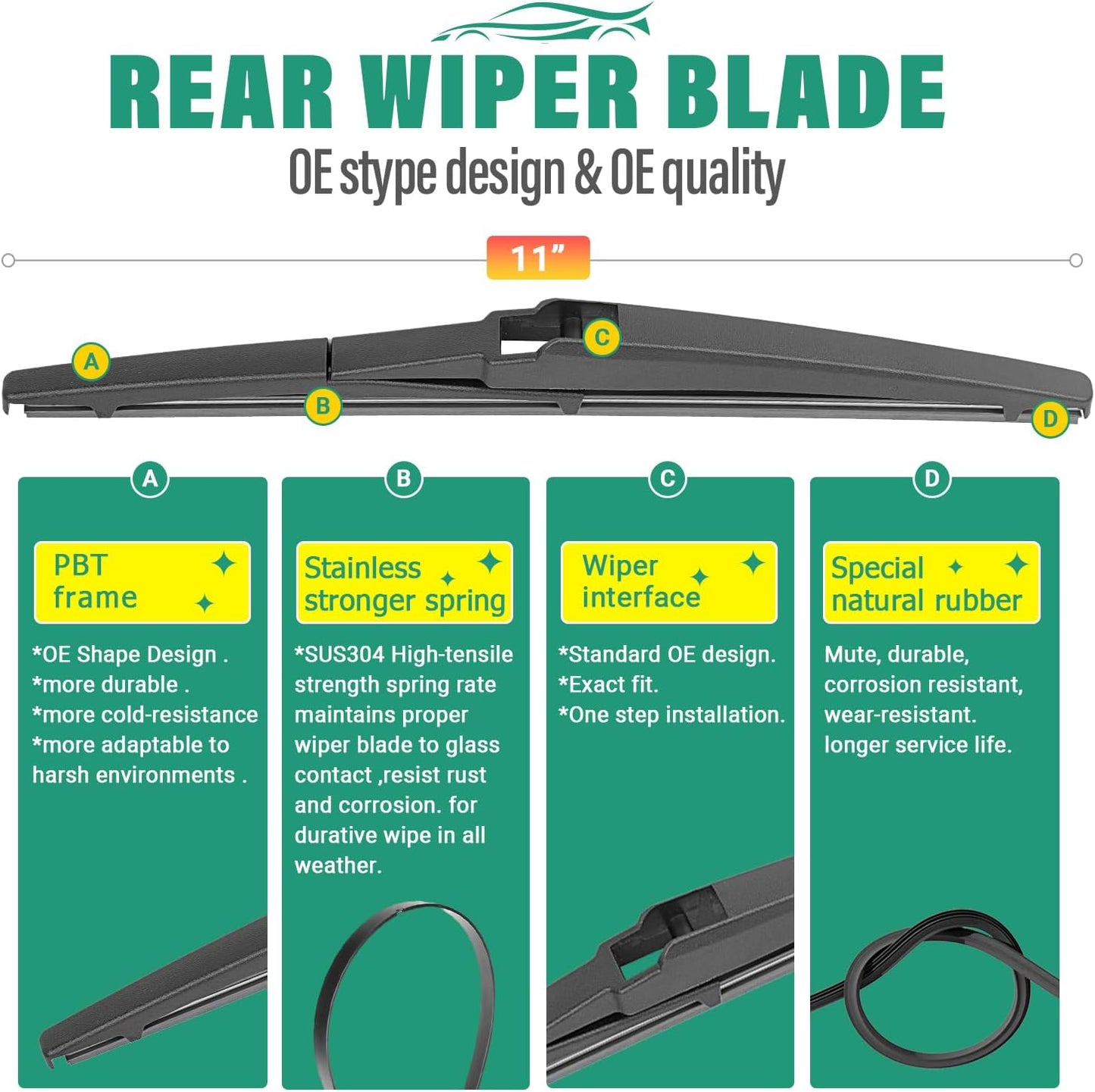 26" 16" 11" Windshield Wiper Blades Replacement for Hyundai Kona 2018 2019 2020 2021 2022 2023 Kona Electric Premium All Weather Front Rear Wipers Set - OEM Quality (Pack of 3)