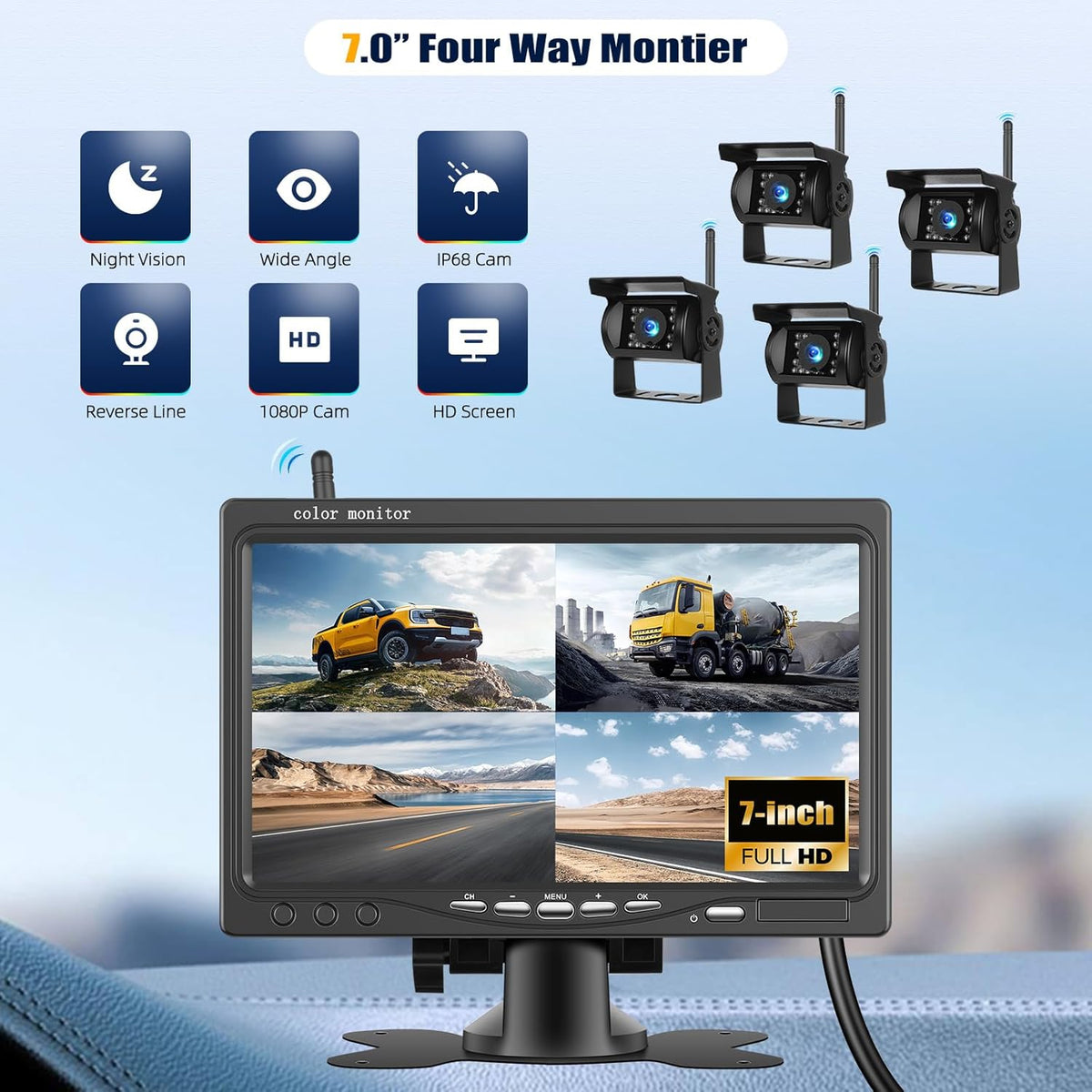 1080P Wireless RV Backup Camera System,7 Inch Reverse Camera Monitor for 4 Channels with IP69 Waterproof Night Vision Backup Camera Front Rear View Camera for Truck/RV/Van/SUV/Pickup