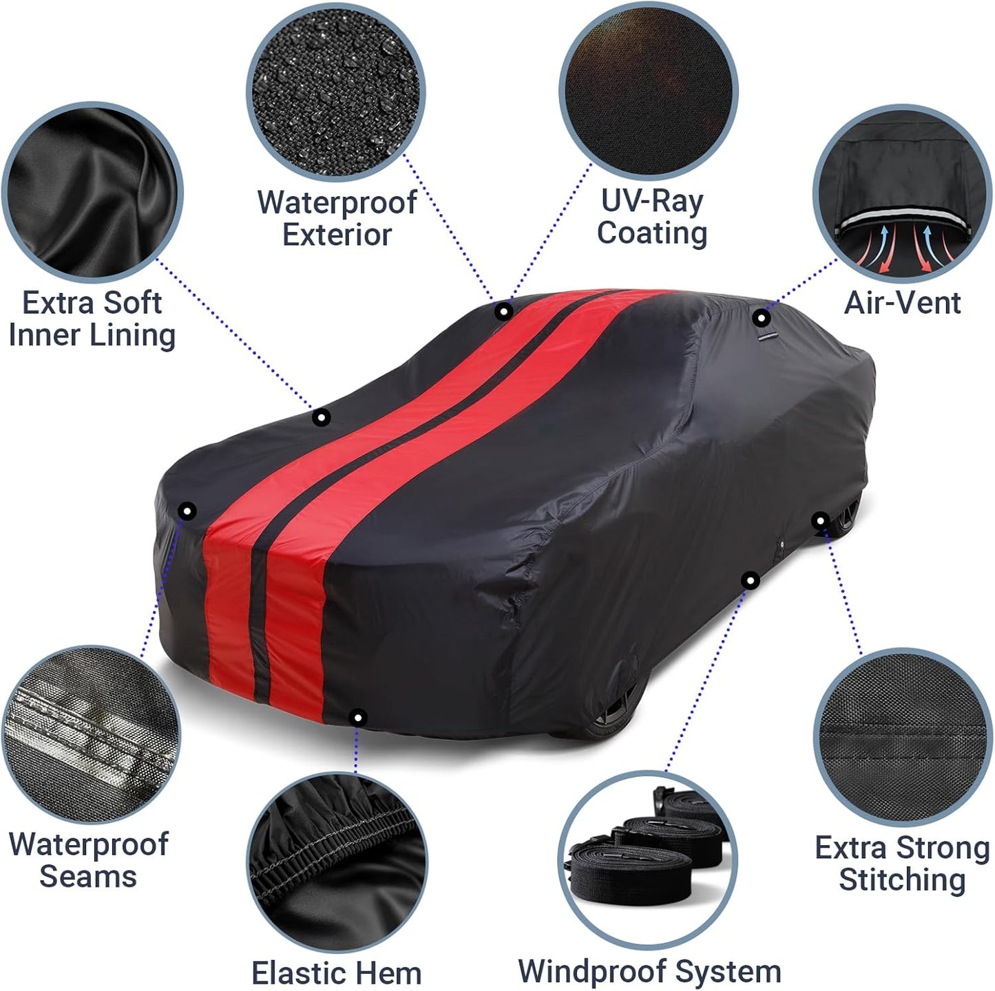 iCarCover Custom Car Cover for Pontiac Bonneville (1971-1976) Waterproof All-Weather Rain Snow UV Sun Protector Full Exterior Indoor Outdoor Car Cover (Stripe - Black/Red)