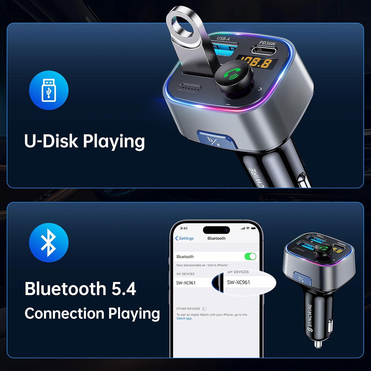 Syncwire Bluetooth 5.3 FM Transmitter Car Adapter 48W(PD 36W & 12W) [Light Switch] [Hi-Fi Deep Bass] [Fast Charging] Wireless Radio Music Adapter LED Display Hands-Free Calling Support USB Drive