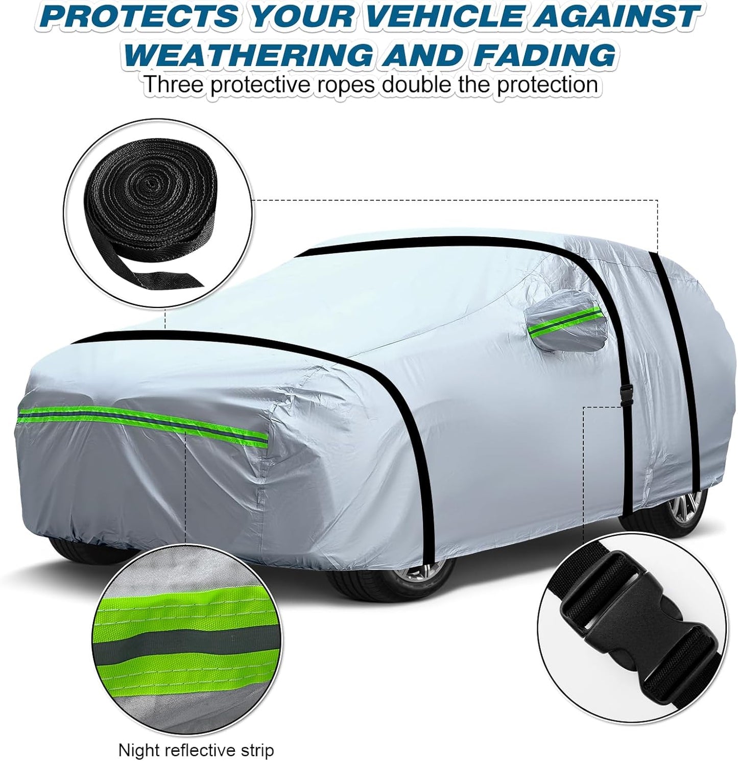 TUCAREST 6-Layers Premium Full Car Cover Hard Shell Zipper Design Waterproof All Weather Weatherproof UV Sun Protection Snow Dust Storm Resistant Outdoor with Straps (Fit for Sedan 165"- 181")