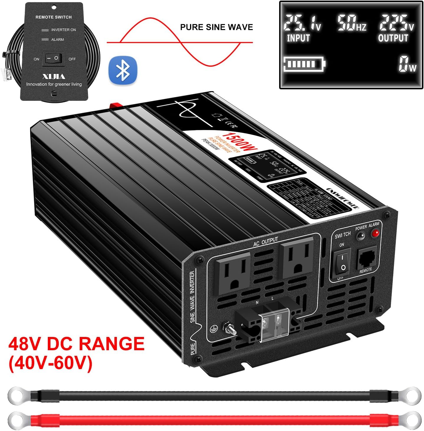 Xijia 1500W(Peak Power 3000W) 48v to 120v Pure sine Wave 60HZ Solar Inverter for Home Use car (DC48V (Range 40V-60V) 1500W)