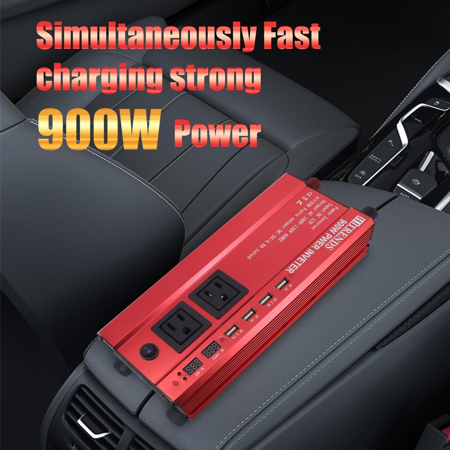 HITRENDS 900W Inverter for Car Power Inverters, 12V DC to 110V AC Converter with 4 USB & 2 AC Outlets, 12 Volt Battery Inverter Car Cigarette Lighter for RV Truck