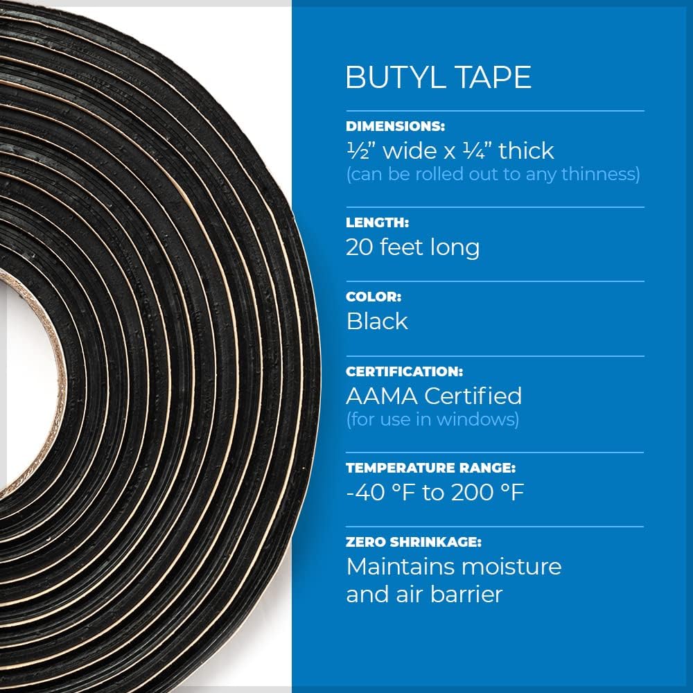 Second Skin Butyl Sealant Tape – Butyl Rubber Sealant, Multi-Purpose Butyl Rope, and Putty Tape for Automotive (Car, RV, Marine) – 1/4” x 1/2" x 20’ – Made in The USA