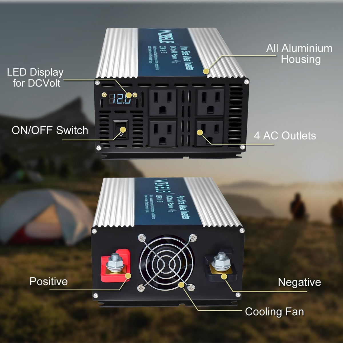 WZRELB 1800W Pure Sine Wave Inverter 36V DC to 110V 120V AC,Car Power Inverter with 4 AC Outlets, LED Display,Off-Grid Portable Power Converter for Home, RV, Truck, Camping