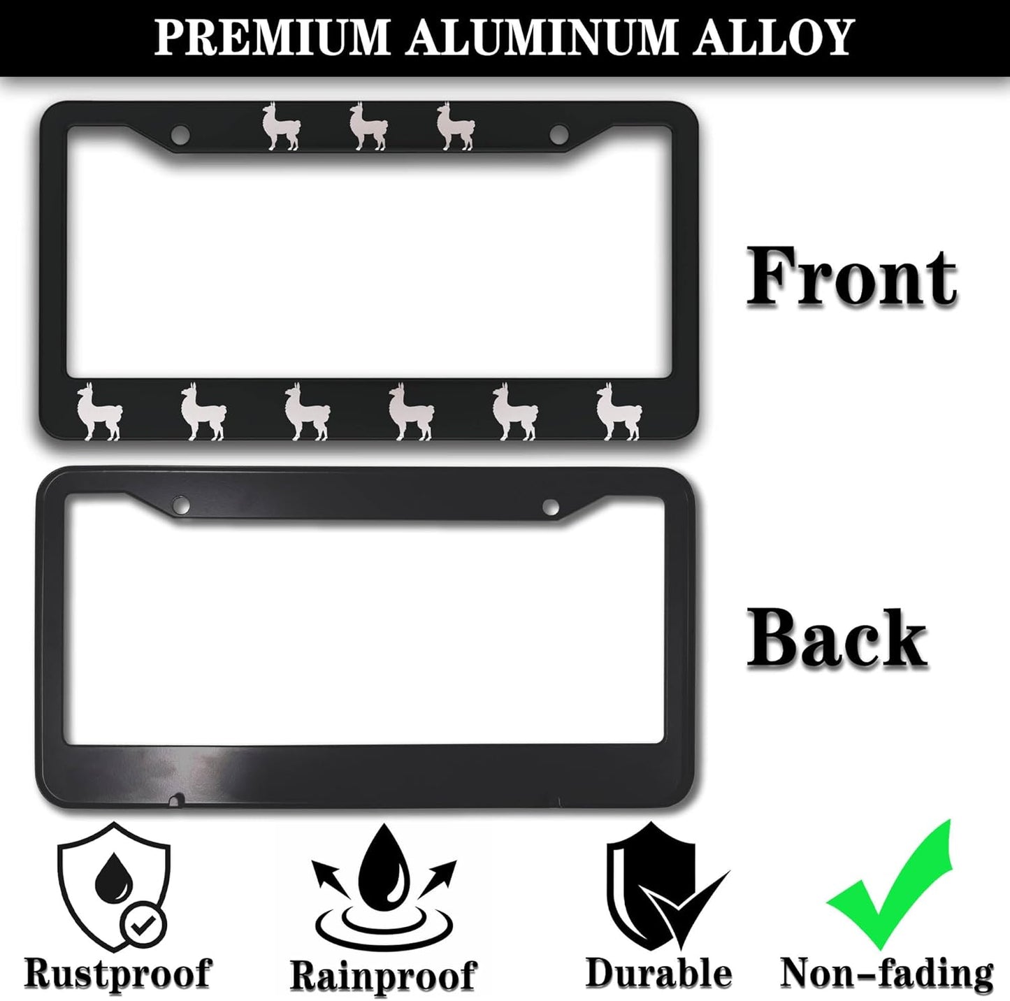 License Plate Frames Black and White Automotive Exterior Accessories Llama Aluminum Metal Car Accessory 2 Pack with Screw Covers Set