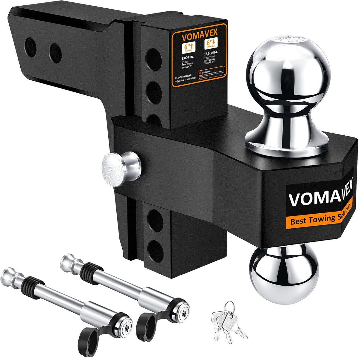 Adjustable Trailer Hitch-Drop Hitch Fits 2.5-Inch Receiver -6" Drop/Rise Tow Hitch with 2" and 2-5/16" Tow Balls-18,500GTW with Double Anti-Theft Pins Locks, Black