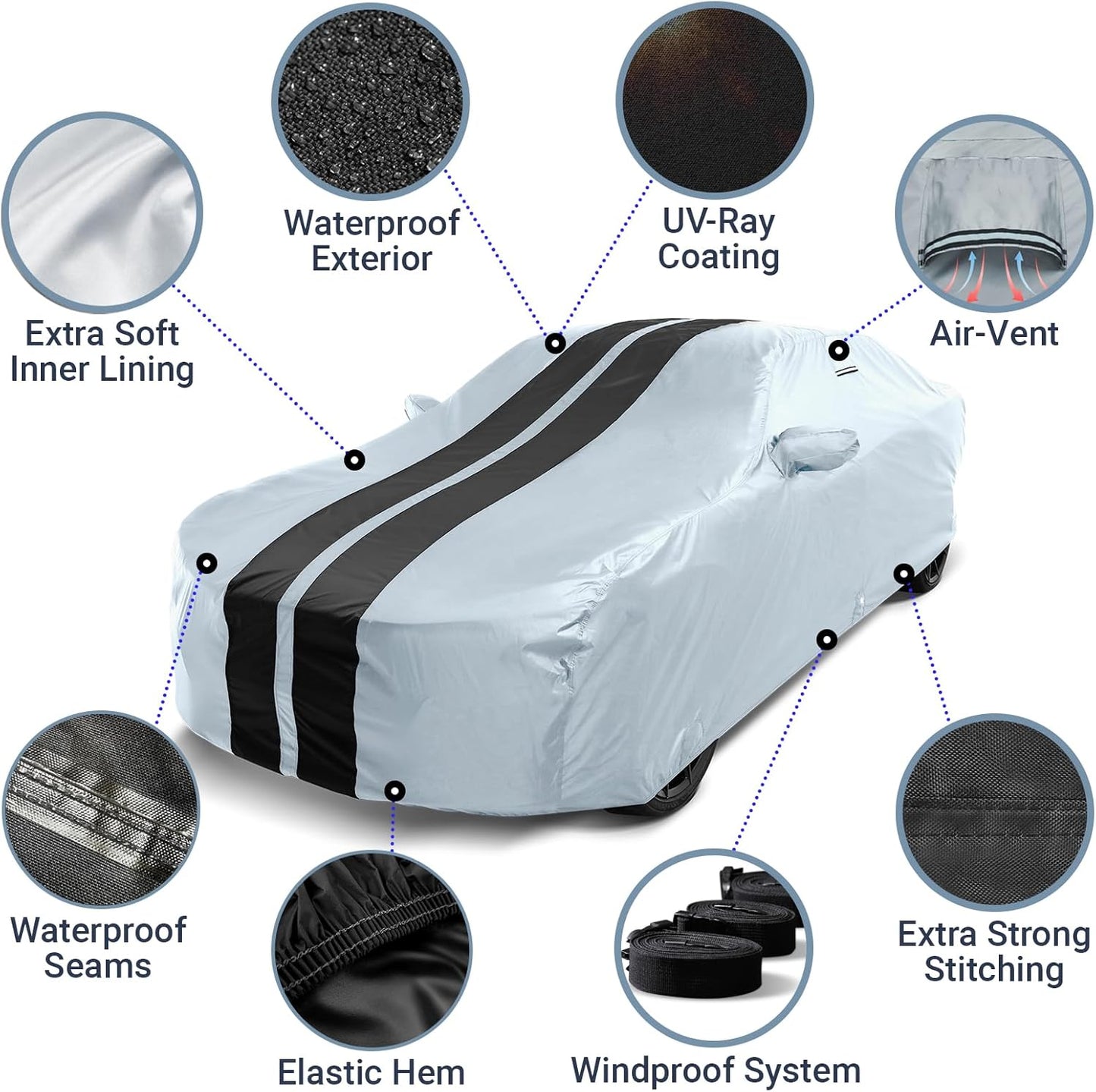 iCarCover Custom Car Cover for Pontiac Grand Prix (1988-2008) Waterproof All-Weather Rain Snow UV Sun Protector Full Exterior Indoor Outdoor Car Cover (Stripe - Gray/Black)