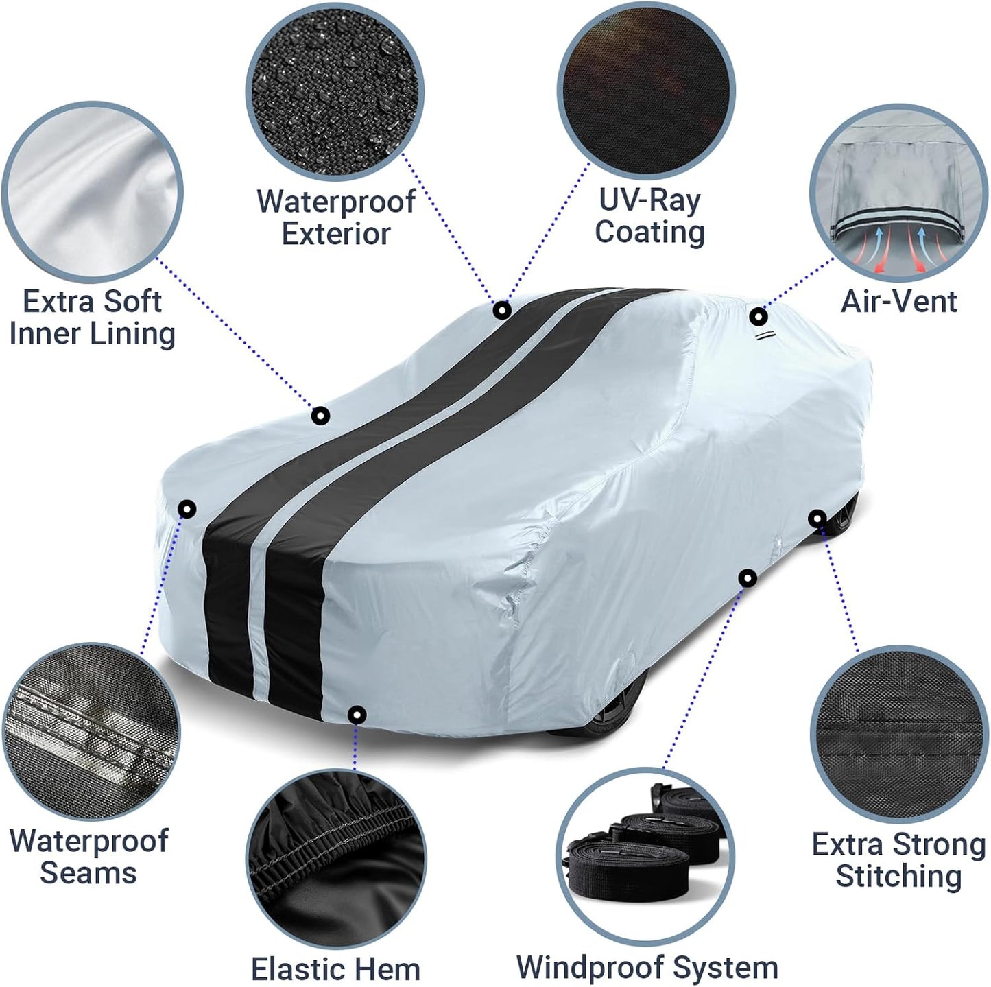 iCarCover Custom Car Cover for Pontiac Streamliner (1946-1952) Waterproof All-Weather Rain Snow UV Sun Protector Full Exterior Indoor Outdoor Car Cover (Stripe - Gray/Black)