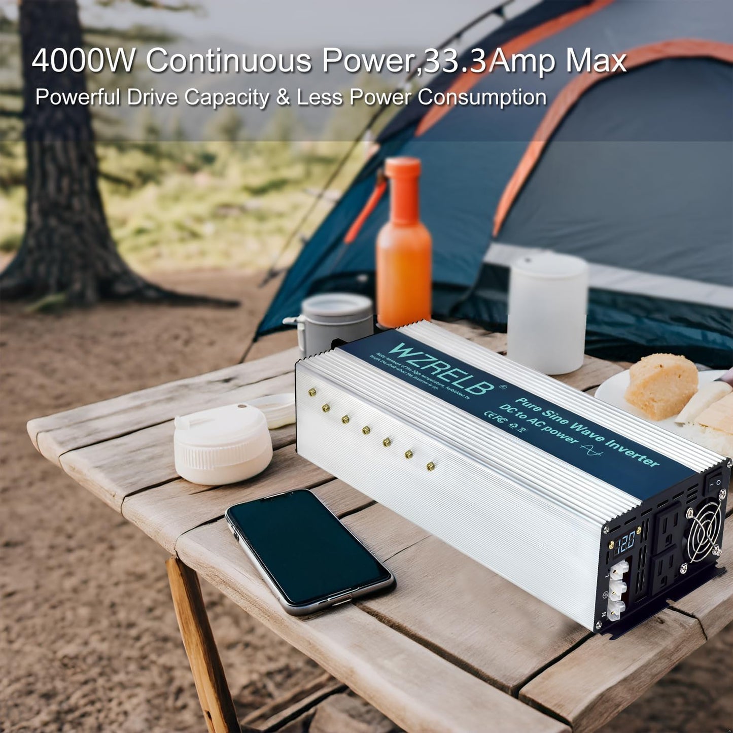 WZRELB 4000W Pure Sine Wave Inverter, Car Power Inverter 24V DC to 110V 120V AC Converter for RV, Truck, Solar, Outdoor with Dual AC Outlets, Hardwire Port, Surge 8000W, LED Display,Off-Grid