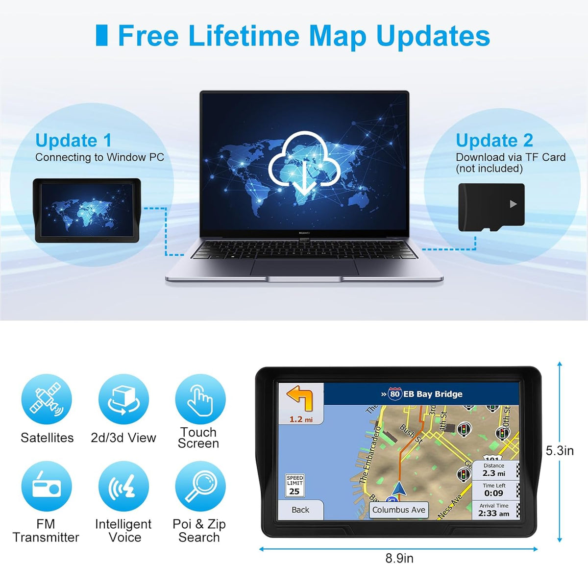 GPS Navigator for Car Truck RV, 9 inch Touch Screen Latest 2025 Map, Real Voice Spoken Turn-by-Turn Direction Reminding Navigation System, Vehicle GPS with Speed and Red Light Warning (1 Bracket)