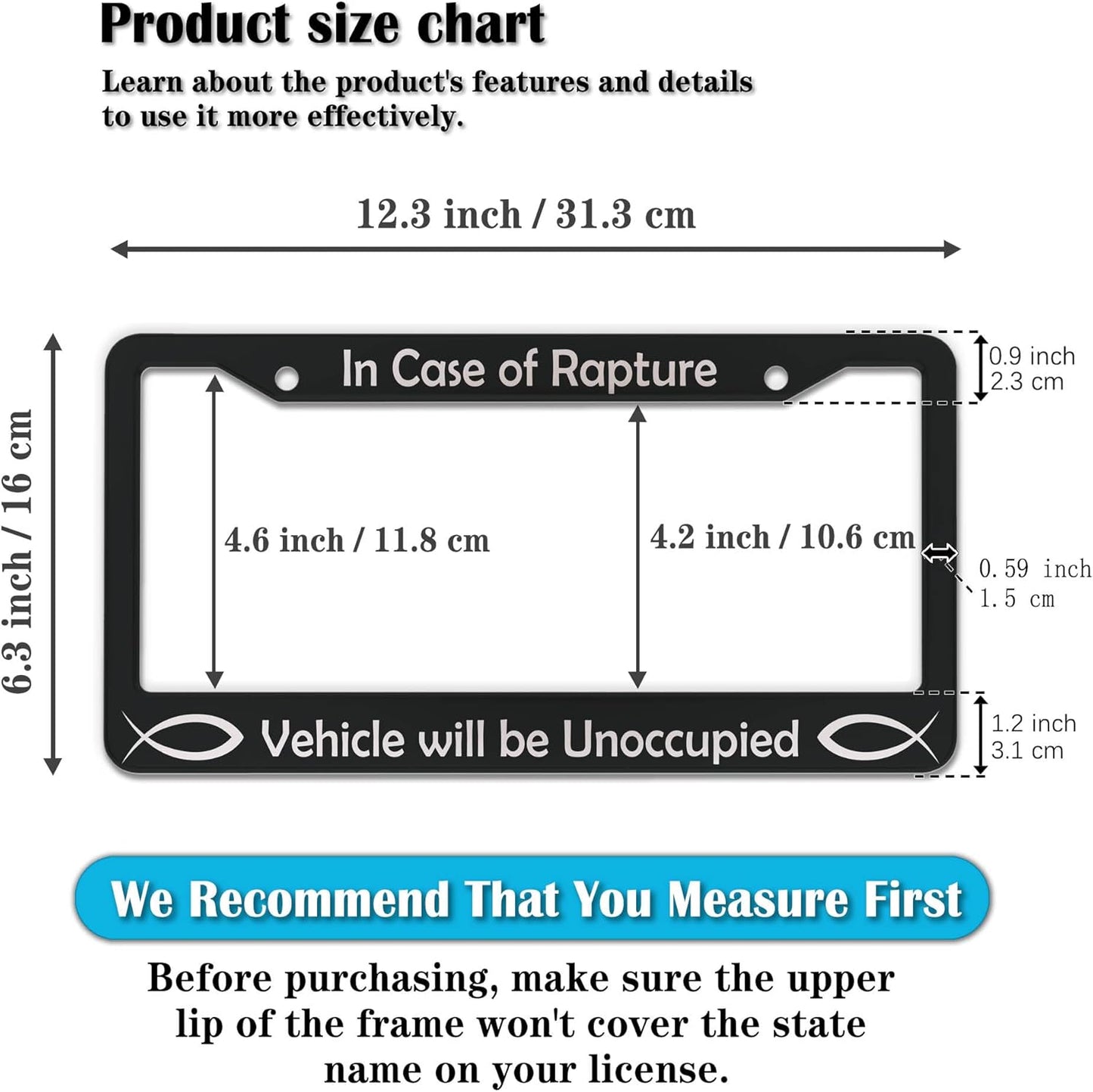 License Plate Frames Black and White License Plate Frame in Case of Rapture Vehicle Will Be Unoccupied Aluminum Metal Car Accessory 2 Pack with Screw Covers Set