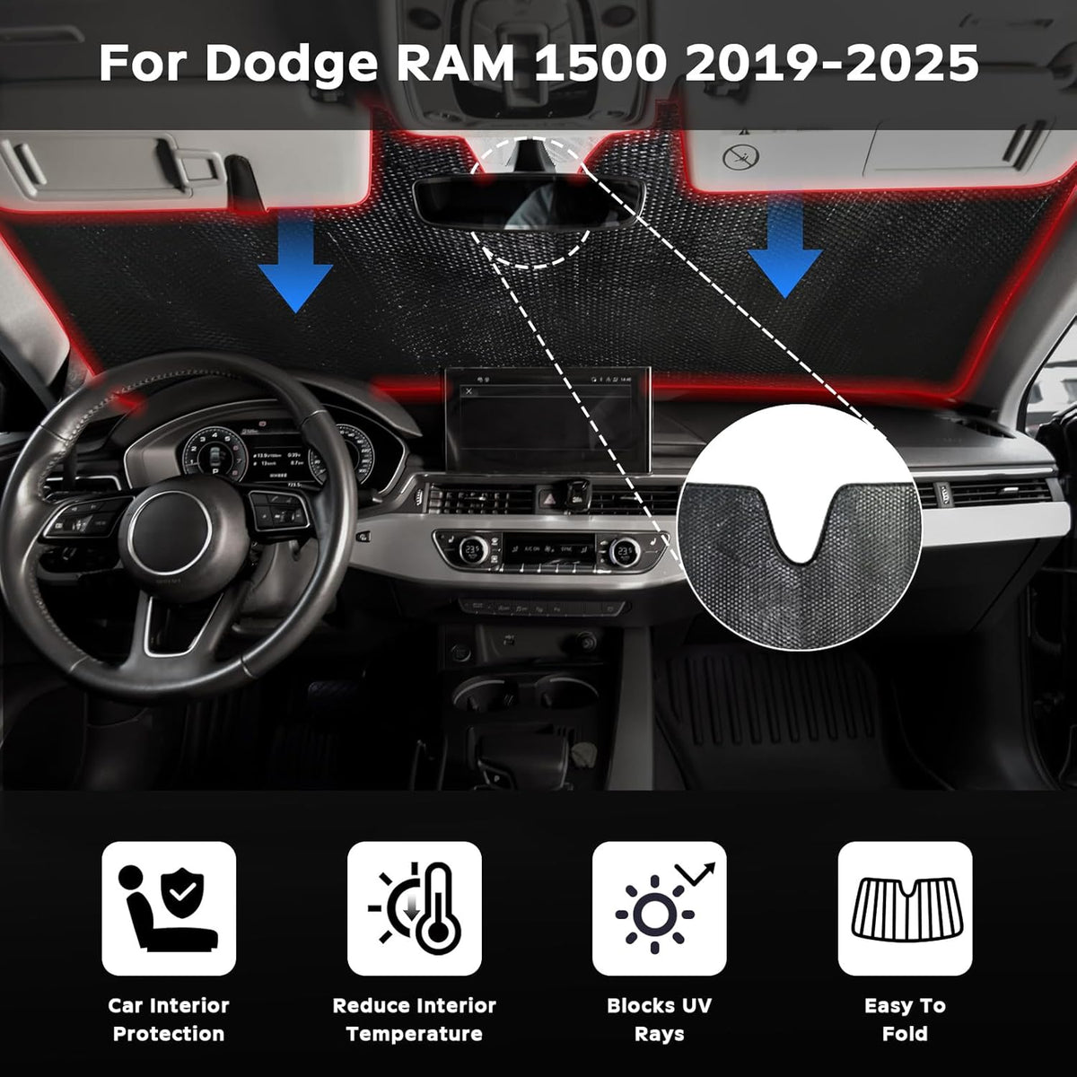 Windshield Sun Shade for Dodge RAM 1500 2019-2025 - 5-Layer Foldable Bubble Foldable Front Window Shade Sun Visor Accessories - Blocks Heat & UV Rays