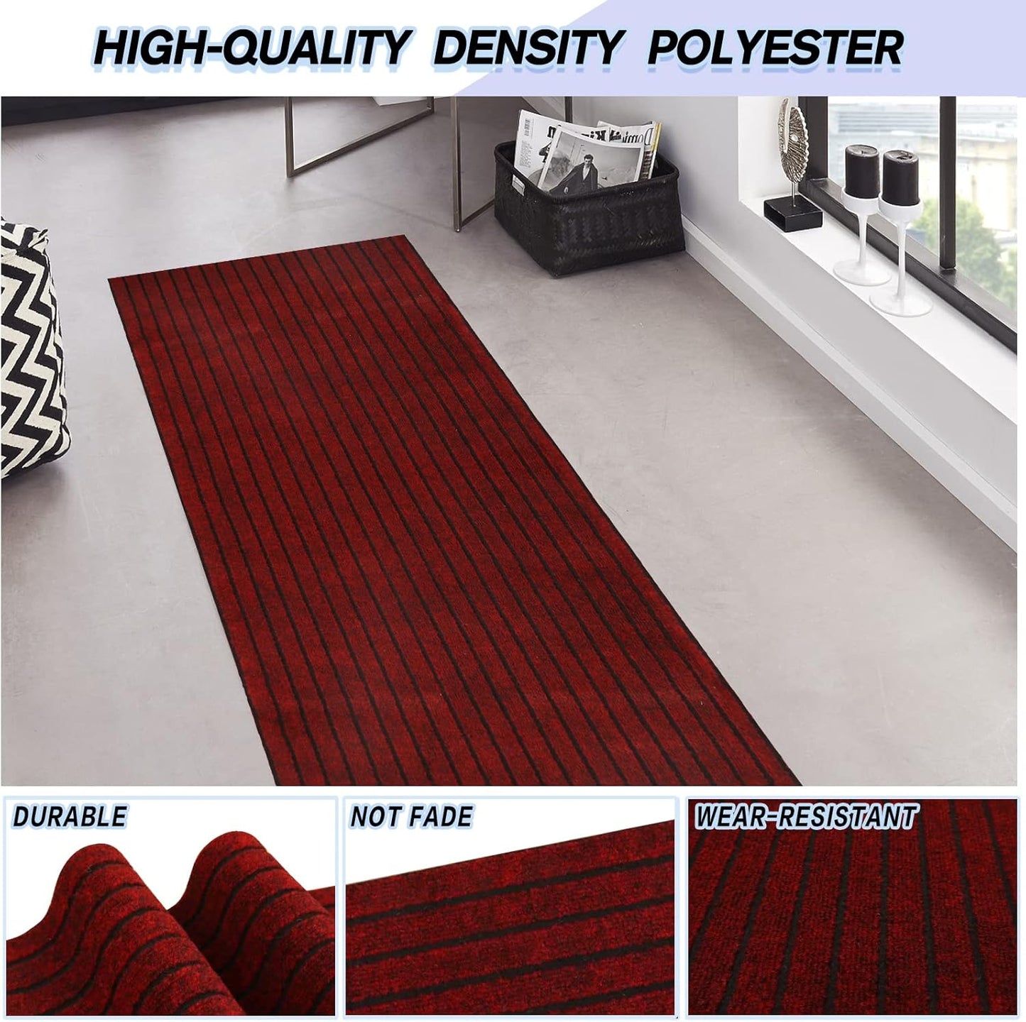 Custom Size Backed Non-Slip Area Rugs Runner, Easy Clean, Waterproof Runner Rugs for Hallway Entryway, Kitchen, Laundry, 2FT x 78FT, Red Stripe