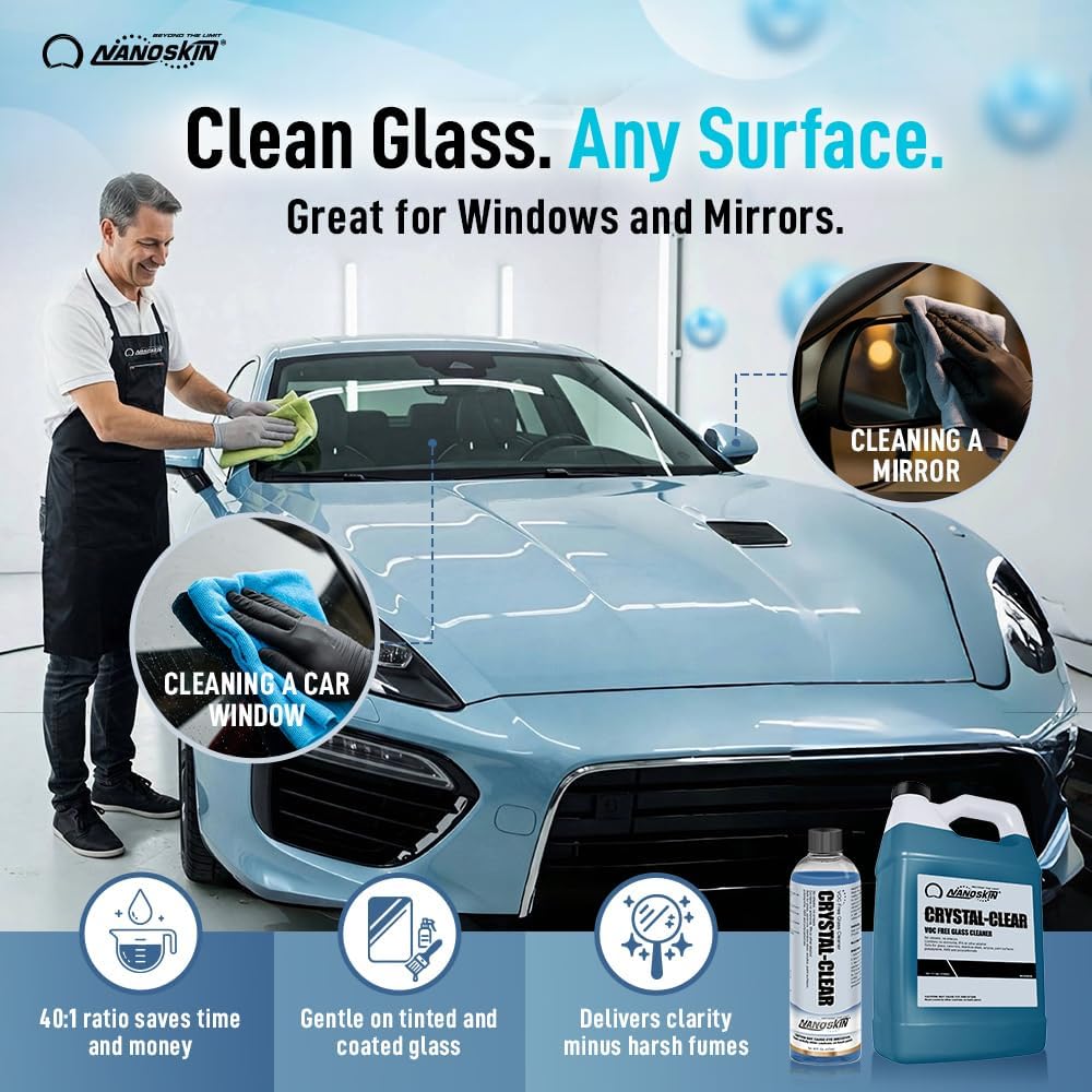 Nanoskin CRYSTAL-CLEAR VOC-Free Glass Cleaner 16 oz - Ultra-Concentrated, Eco-Friendly, Streak-Free Finish | Versatile Use for 40:1 Dilution | Perfectly Safe for Auto, Home, Garage & Beyond