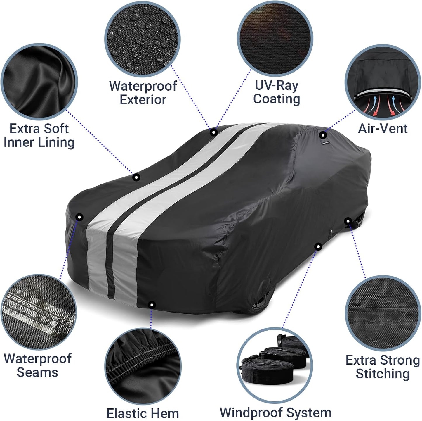 iCarCover Custom Car Cover for Pontiac Lemans (1961-1962) Waterproof All-Weather Rain Snow UV Sun Protector Full Exterior Indoor Outdoor Car Cover (Stripe - Black/Gray)