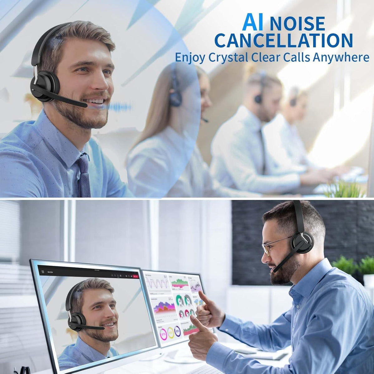 Wireless Headset with Mic for Work, Bluetooth 5.3 Headset with AI Noise Cancelling Microphone & Call Reminder, Wireless Headphone with Voice Assistant for PC/Computer/Remote Work/Call Center/Zoom