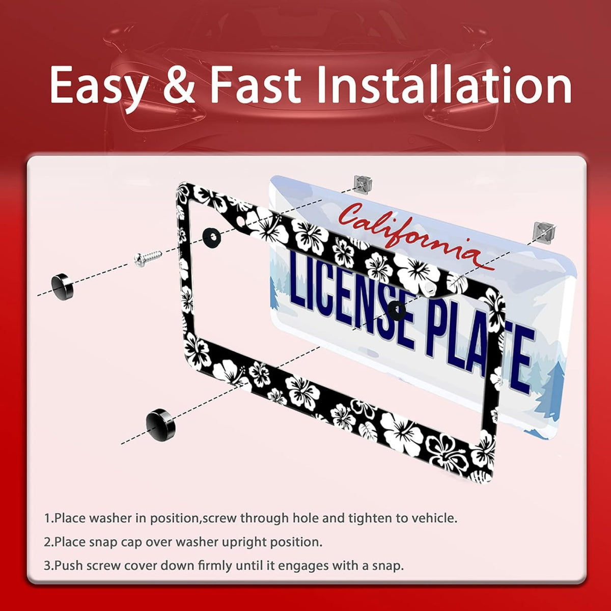 【2Pcs】 White Hibiscus Hawaii License Plate Frames Round Hole Personalise License Plate Frame Car Universal Accessories Stainless Steels Cars Decor Fits Standard US Vehicles Size: 12.2 x 6 Inches