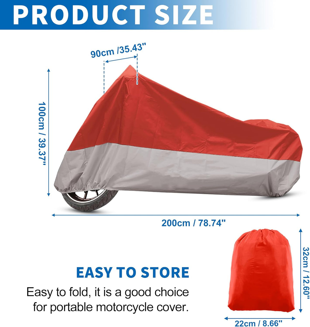 X AUTOHAUX Motorcycle Cover for Harley Davidson for Honda for Suzuki All Season Weather Waterproof Sun Motorbike Cover Fits Up to 78.74'' Motorcycles Vehicle Cover M Red Silver Tone