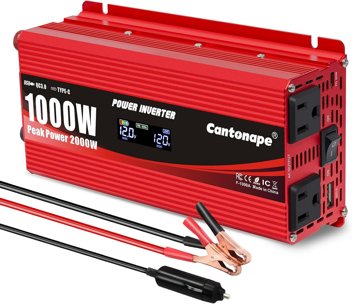 1000W Car Power Inverter DC 12V to 110V/120V AC Converter with LCD Display 2 AC Outlets 3.0A USB and Type-C Car Charger Adapter for Car Home Laptop Truck