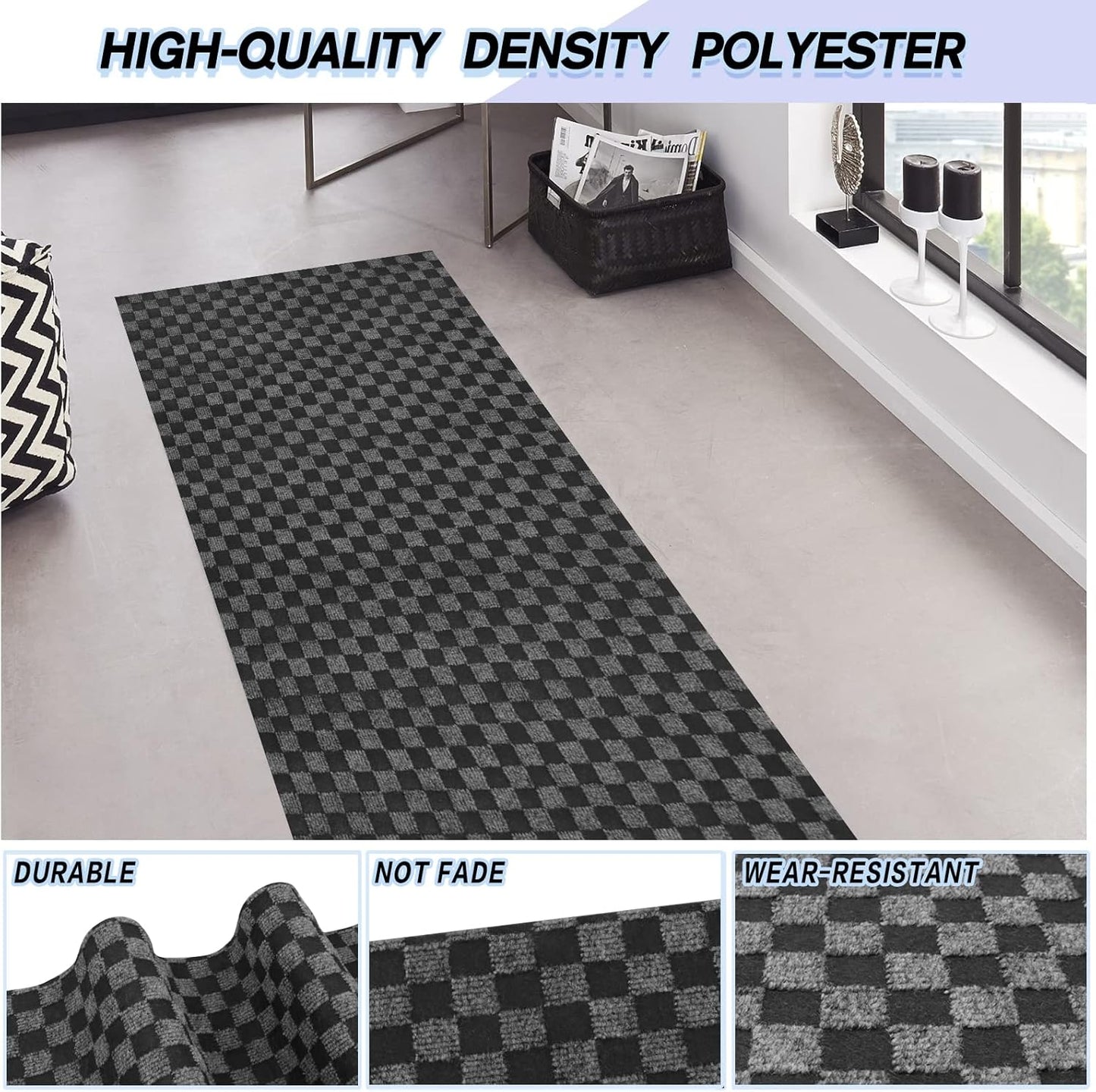Custom Size Backed Non-Slip Area Rugs Runner, Easy Clean, Waterproof Runner Rugs for Hallway Entryway, Kitchen, Laundry, 4FT x 78FT, Gray Checkered