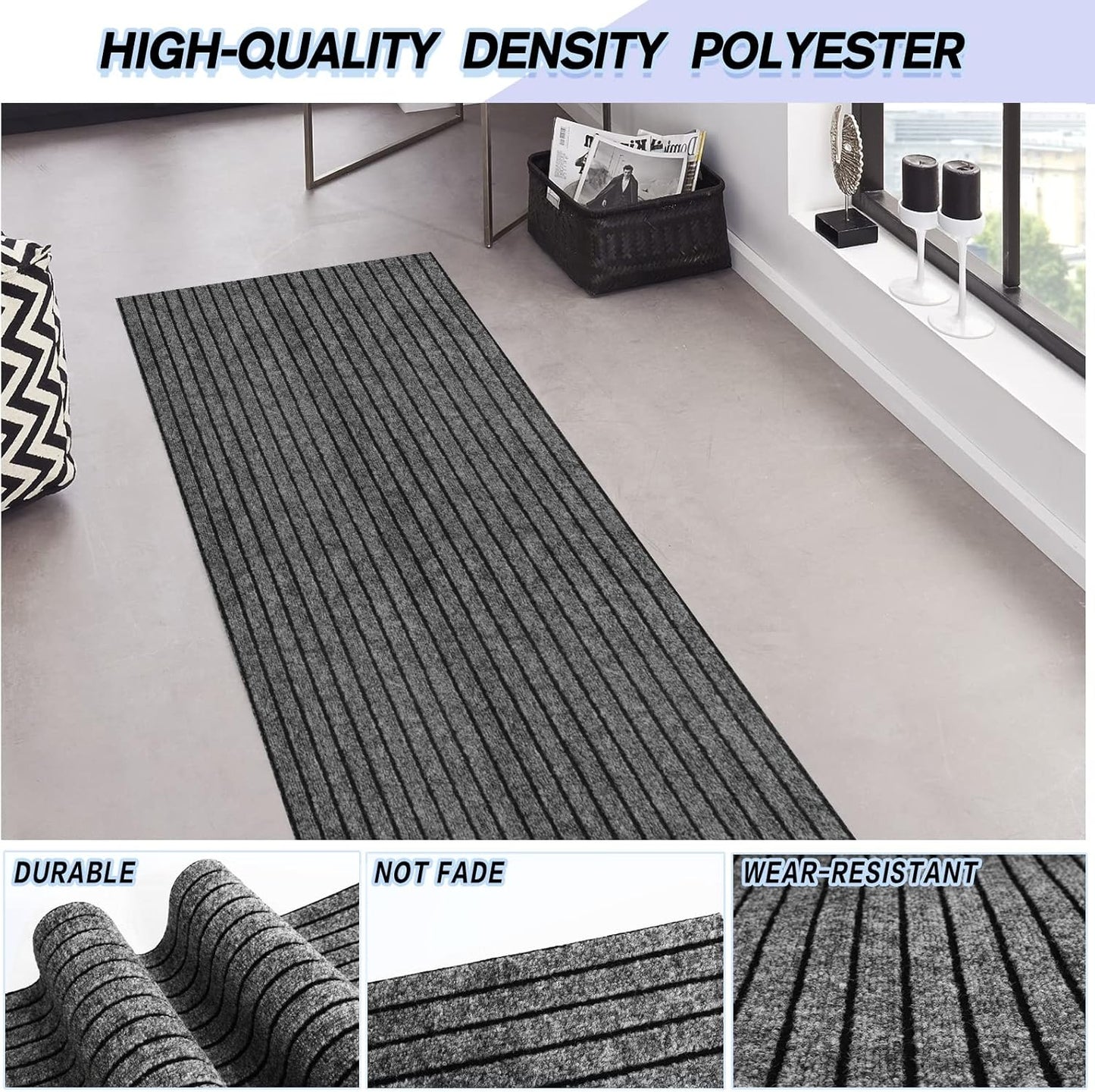 Custom Size Backed Non-Slip Area Rugs Runner, Easy Clean, Waterproof Runner Rugs for Hallway Entryway, Kitchen, Laundry, 2FT x 60FT, Gray Stripe
