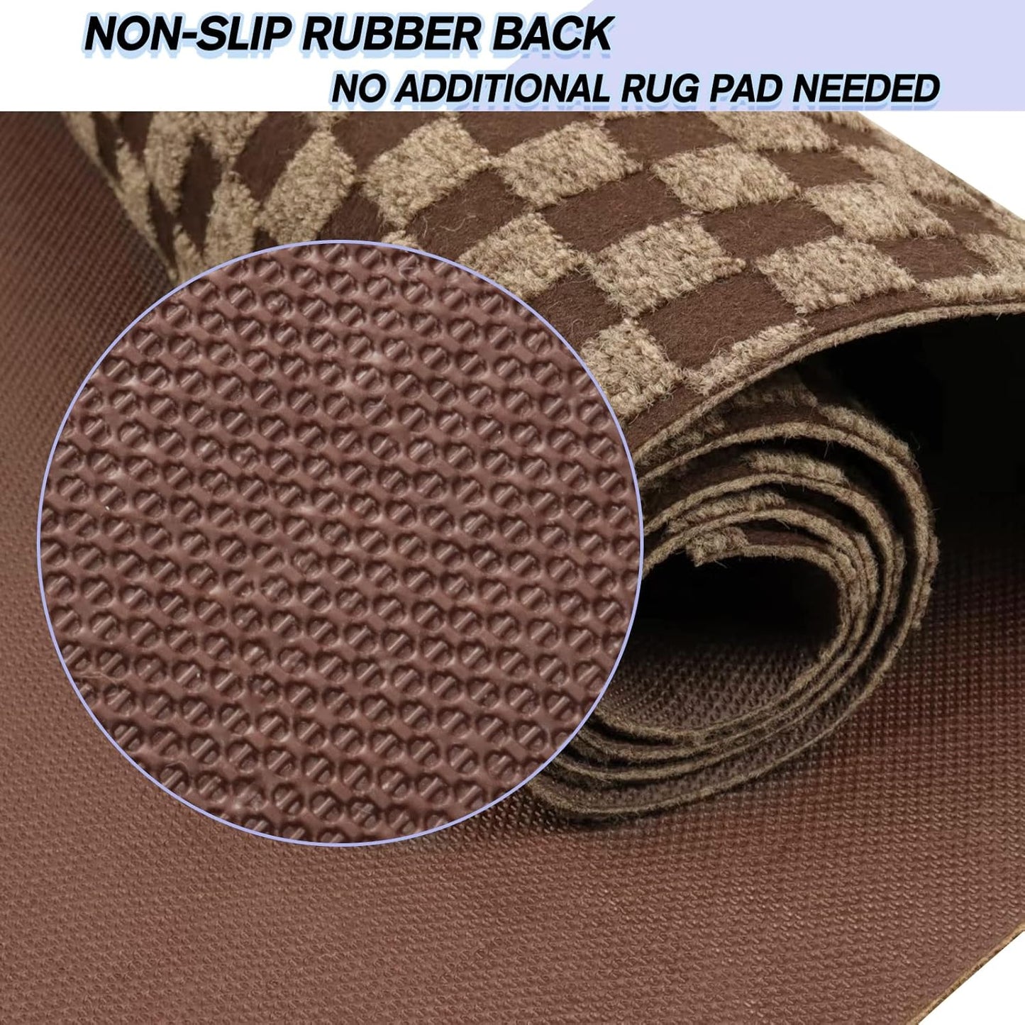 Custom Size Backed Non-Slip Area Rugs Runner, Easy Clean, Waterproof Runner Rugs for Hallway Entryway, Kitchen, Laundry, 2FT x 15FT, Brown Checkered