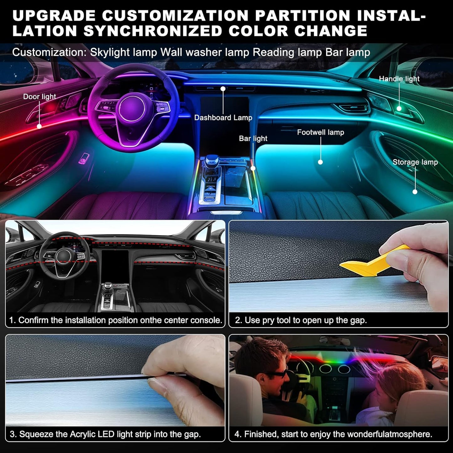 Dream+Color Acrylic Interior Car LED Strip Light with Wireless APP, RGB 10 in 1 with 175 inches 593 Neon Ambient Lighting Kits, Dynamic Chasing Music Sync LEDs Fiber Optic Strip Lights for Car