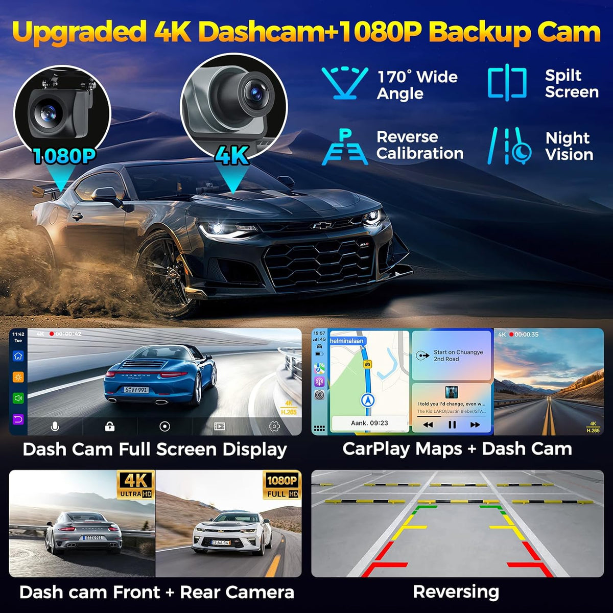 10.26" Wireless Apple CarPlay Android Auto Car Screen - Secure Strong Bracket, 4K Dash Cam, GPS Navigation, HD Touchscreen, AirPlay, Car Stereo, Fits All Vehicles