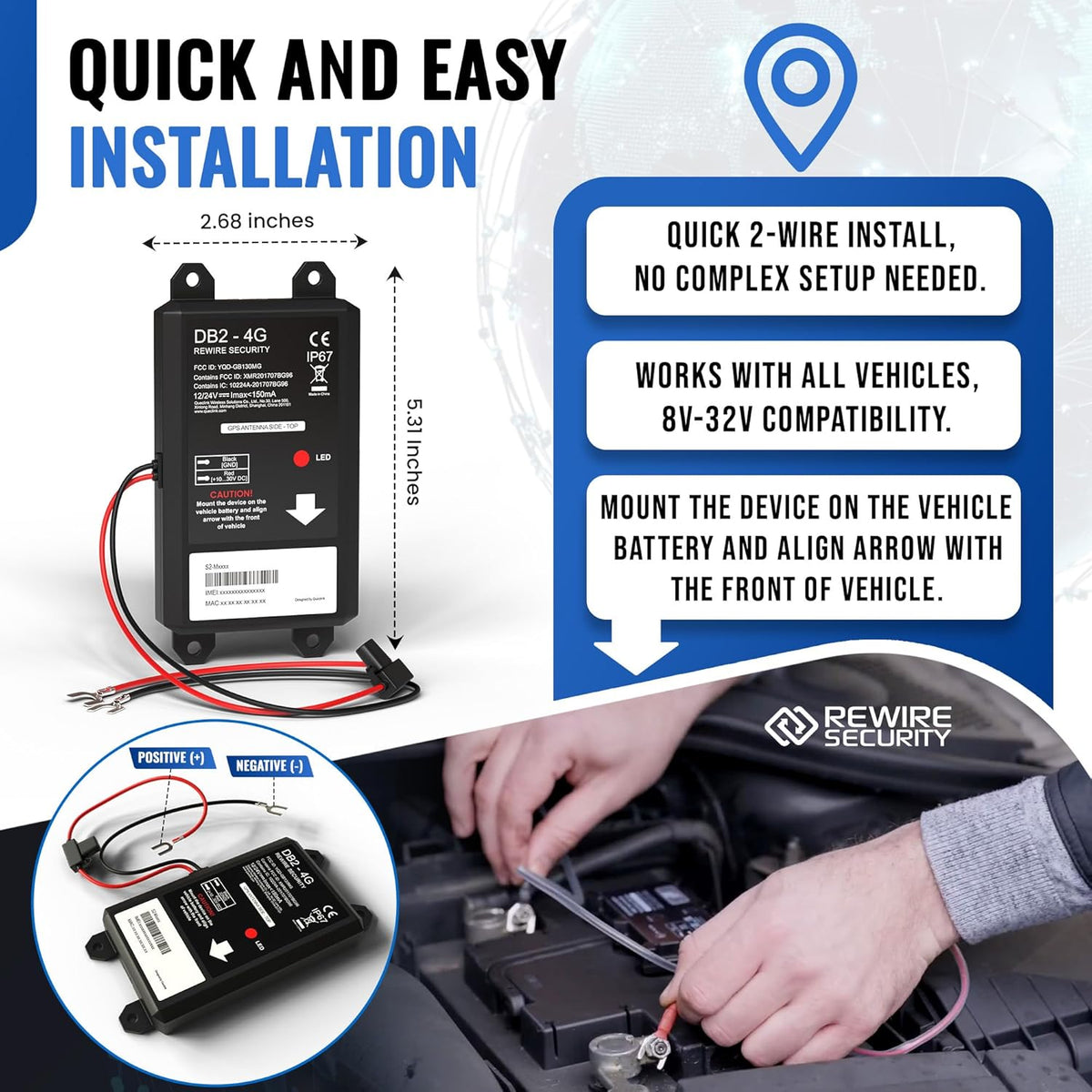 REWIRE SECURITY DB2 Wired GPS Tracker for Vehicles | Easy Installation on 8V–32V Batteries | Fits with Car, Truck, Trailer, RV, Van, Boat & Motorbike | Live Tracking | Low Cost Subscription Plans