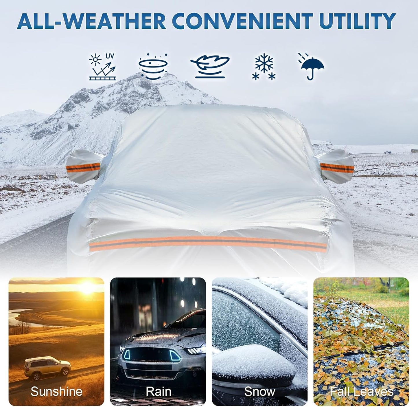 KEYOOG 6-Layer Full Car Cover is All-Weather Waterproof, All Seasons, Snow Prevention Rainproof, Acid Rainproof, Sunscreen, Ultraviolet-Proof, Fits Hatchbacks up to 173 ", Orange Reflective Strip