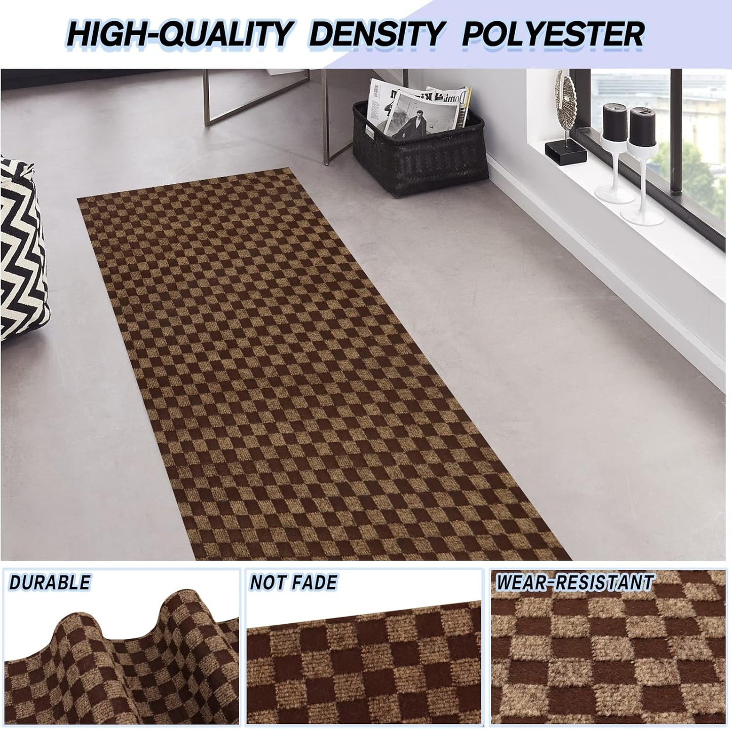 Custom Size Backed Non-Slip Area Rugs Runner, Easy Clean, Waterproof Runner Rugs for Hallway Entryway, Kitchen, Laundry, 4FT x 19FT, Brown Checkered