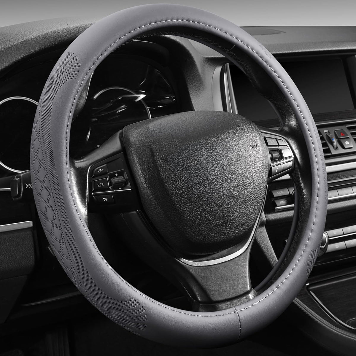 【2025 Model】 Breathable Soft Leather Car Steering Wheel Cover for Men Women, Non-Slip, Comfortable,Universal 15 inches Steering Wheels, Grey