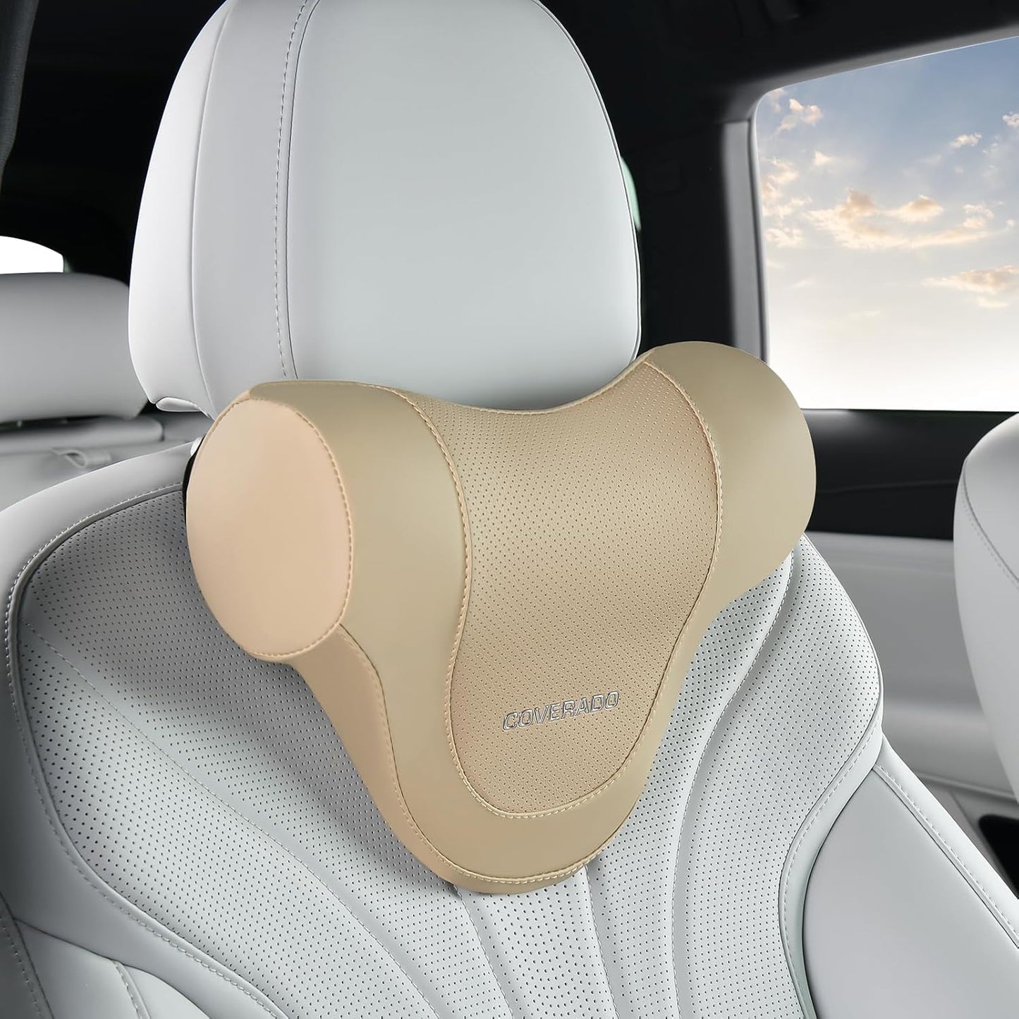 Coverado Car Headrest Pillow, Ergonomic Memory Foam Car Neck Pillow for Driving Seat with Adjustable Strap, Soft PU Leather Breathable Removable Cover Neck Support for Neck Pain Relief - Beige