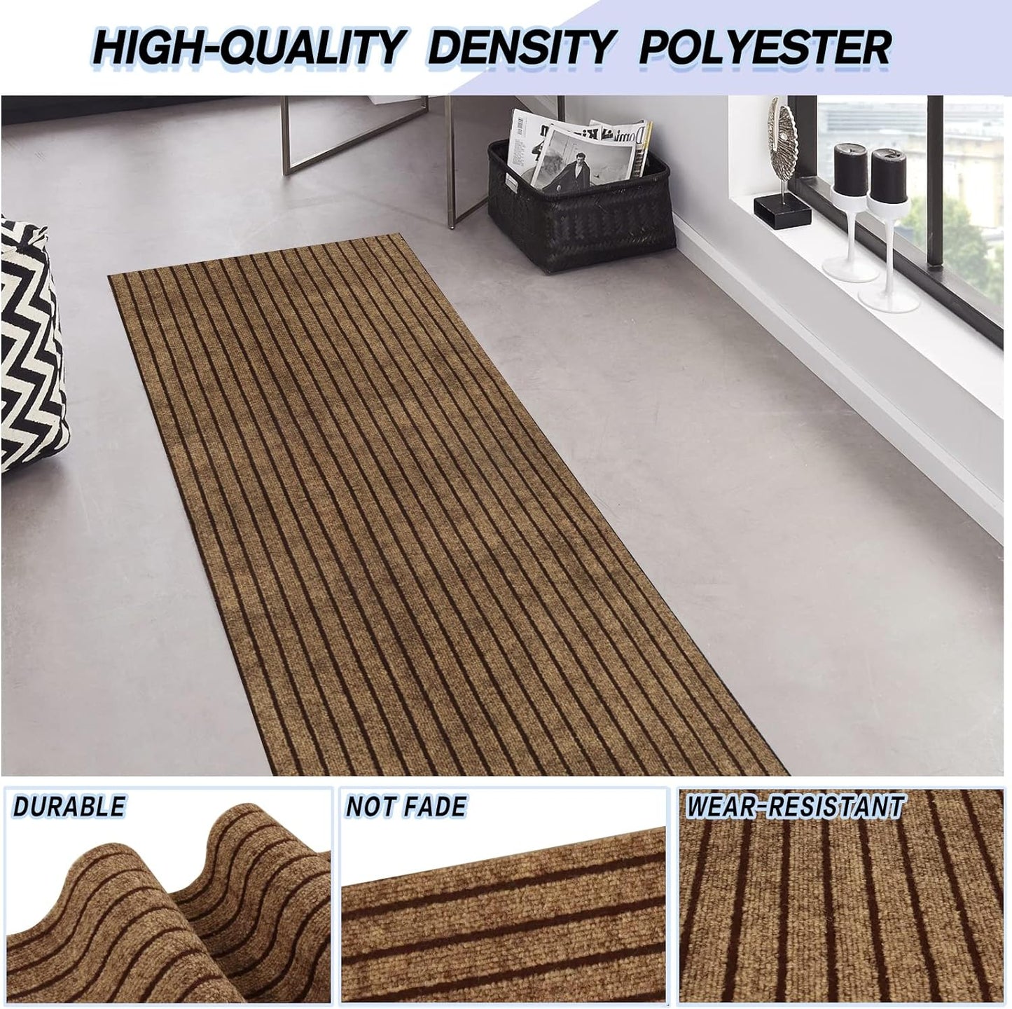 Custom Size Backed Non-Slip Area Rugs Runner, Easy Clean, Waterproof Runner Rugs for Hallway Entryway, Kitchen, Laundry, 2FT x 25FT, Brown Stripe