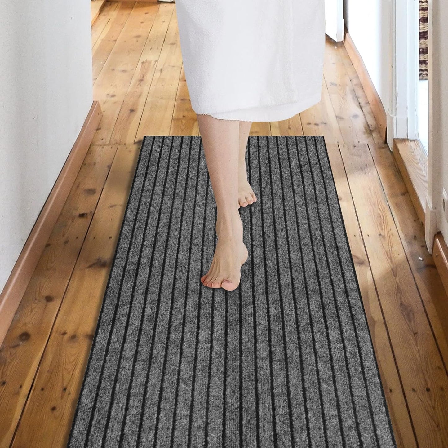 Custom Size Backed Non-Slip Area Rugs Runner, Easy Clean, Waterproof Runner Rugs for Hallway Entryway, Kitchen, Laundry, 2FT x 59FT, Gray Stripe