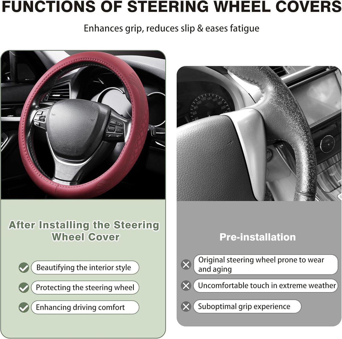 【2025 Model】 Breathable Soft Leather Car Steering Wheel Cover for Men Women, Non-Slip, Comfortable,Universal 15 inches Steering Wheels, Red