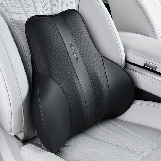 Coverado Lumbar Support Pillow for Car, Ergonomic Memory Foam Back Pillow for Office Chair, New Back Cushion for Pain Relief, PU Leather Car Lumbar Support for Driving Seat - BK
