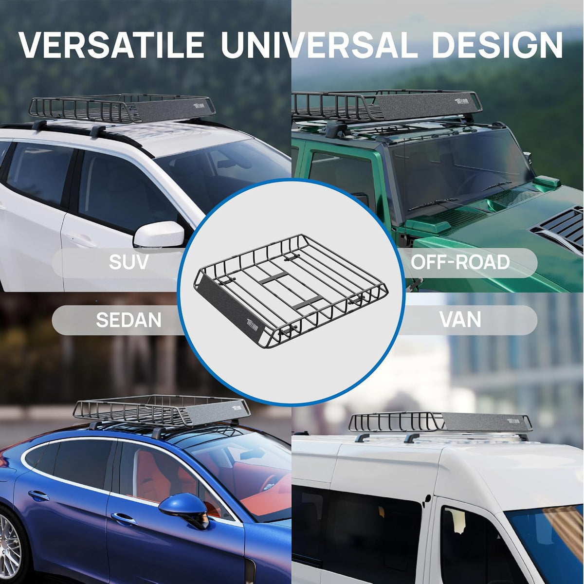 TUFFIOM 46"x 36"x 6" Universal Rooftop Cargo Carrier Basket, Heavy Duty Steel Roof Rack Basket w/4 Straps with Hook, Car Top Rack Luggage Holder Carrier for SUV Car Truck Van
