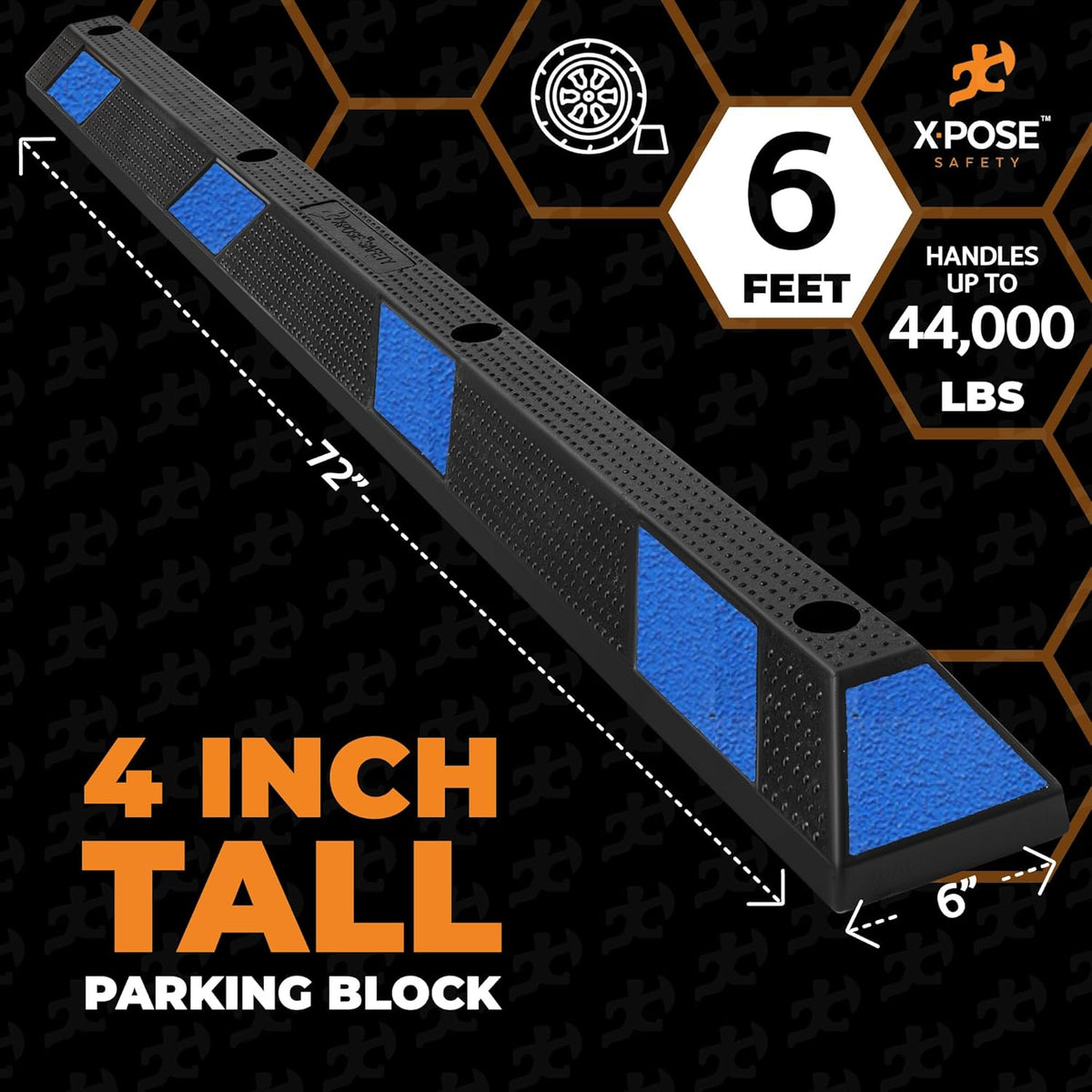 Xpose Safety 72" Heavy Duty Rubber Parking Stopper – Bulk Full Pallet 50 Pack Wheel Blocks for Garage, Driveway, or Ramp – Car Bumper Stop with Blue Reflective Strips – Removable Floor Mount