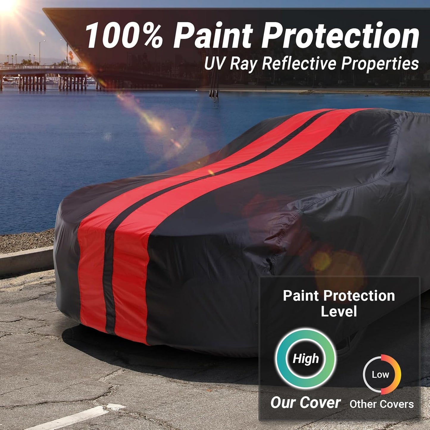 iCarCover Custom Car Cover for Pontiac Parisienne 4-Door (1965-1970) Waterproof All-Weather Rain Snow UV Sun Protector Full Exterior Indoor Outdoor Car Cover (Stripe - Black/Red)