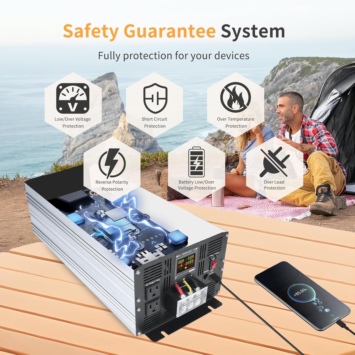 4000 Watt Pure Sine Wave Power Inverter DC 12V to 110V/120V AC Converter with 2 AC,5V 2.4A USB Charging Ports, Car Solar Power Inverters with LCD Display for Home RV Truck