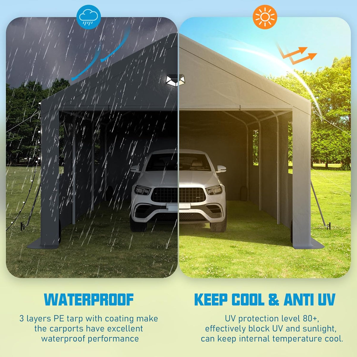 13x25 Carport Canopy, Heavy Duty Car Port, Portable Car Ports Garage with 2 Roll-Up Zipper Drive Through Doors, Grey