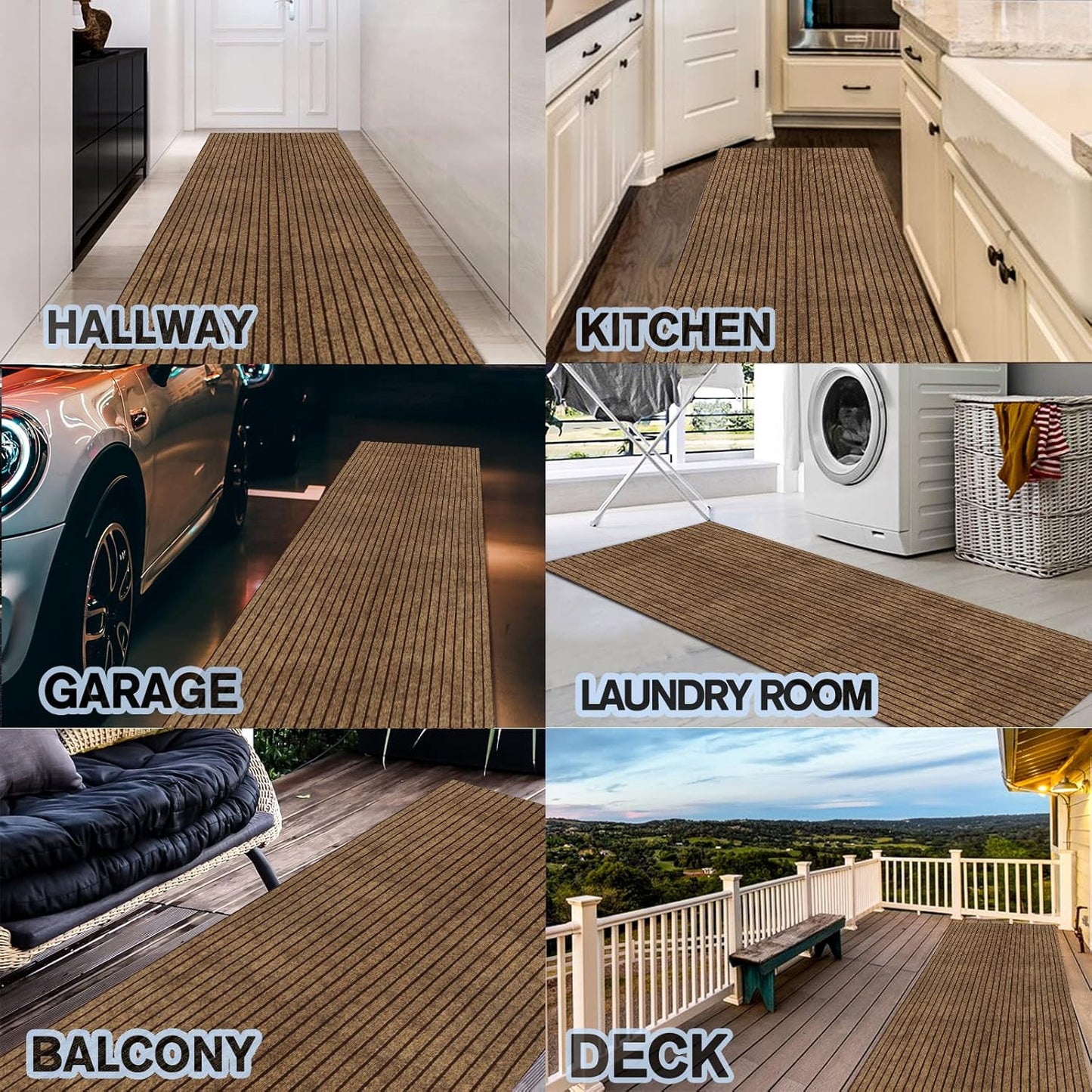 Custom Size Backed Non-Slip Area Rugs Runner, Easy Clean, Waterproof Runner Rugs for Hallway Entryway, Kitchen, Laundry, 2FT x 42FT, Brown Stripe