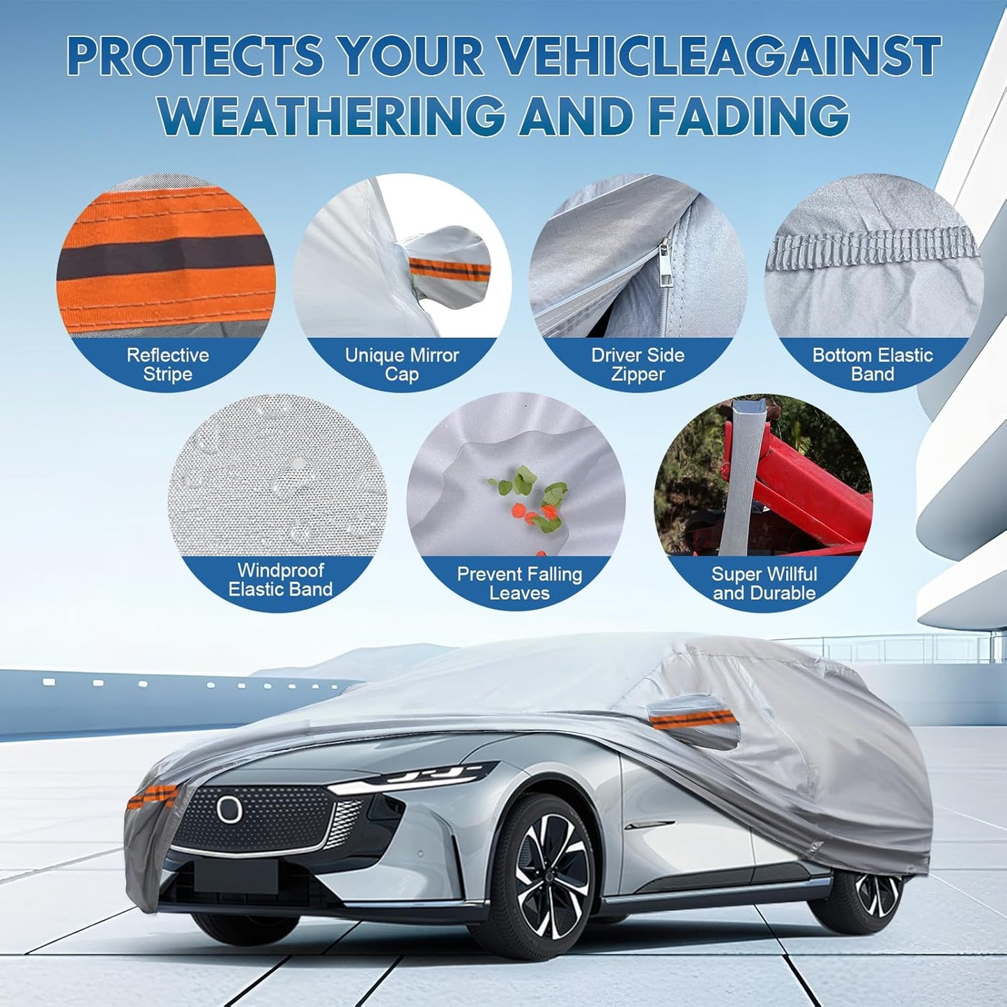 KEYOOG Fit for 198"-208" Length SUVs, 6-Layer Full Car Cover is All-Weather Waterproof, Universal in All Seasons, Snow Prevention, Rainproof, Acid Rainproof, Sunscreen, Orange Reflective Strip