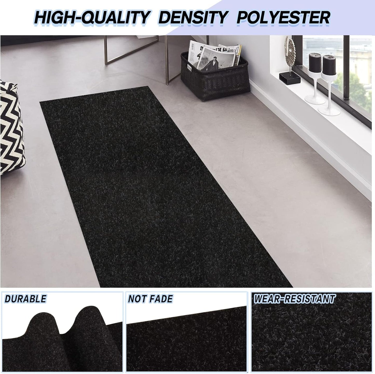 Custom Size Backed Non-Slip Area Rugs Runner, Easy Clean, Waterproof Runner Rugs for Hallway Entryway, Kitchen, Laundry, 2FT x 58FT, Black